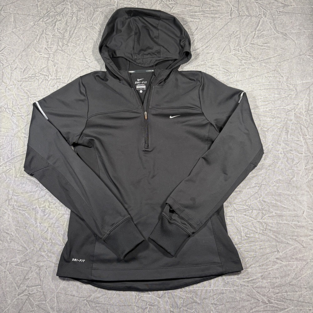 Nike Hoodie Womens Small Black Dri-FIT Running Half Zip Thumbhole Reflective